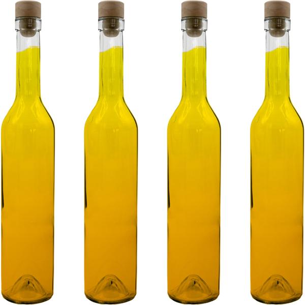 Set of 4 glass bottles 500 ml with cork stopper – transparent glass liqueur bottles for filling & storage, reusable