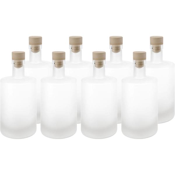 Set of 8 glass bottles 500 ml with cork closure – matte glass liqueur bottles for filling & storing, reusable