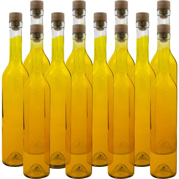 Set of 12 glass bottles 500 ml with cork closure - transparent glass liqueur bottles for filling & storing, reusable