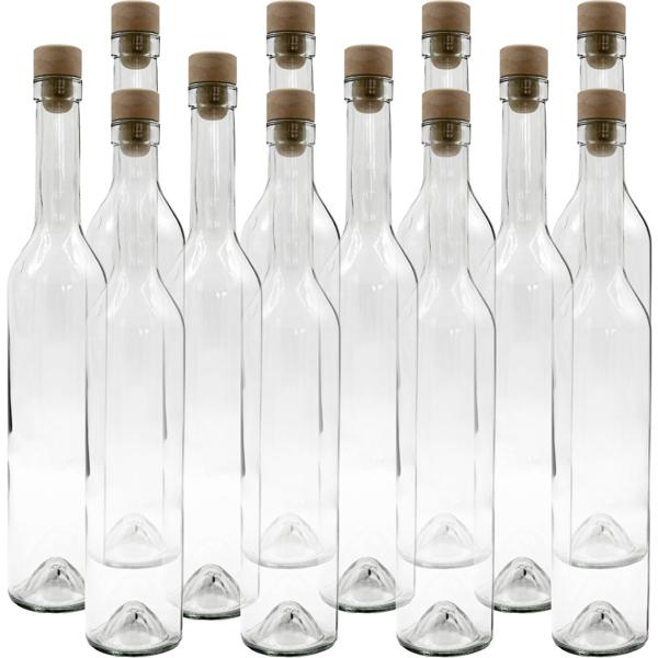 Set of 12 glass bottles 500 ml with cork closure - transparent glass liqueur bottles for filling & storing, reusable
