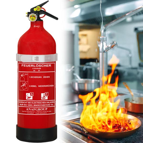 2L foam fire extinguisher, fluorine‑free, fire class A/F, extinguisher with pressure gauge & wall bracket, 5A 5F, grease fire extinguisher