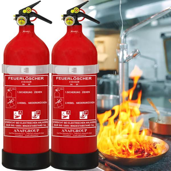 Set of 2 2L foam fire extinguishers, fluorine‑free, fire class A/F, extinguisher with manometer & wall bracket, 5A 5F, fat fire extinguisher