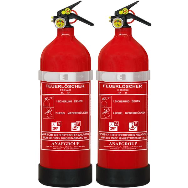 Set of 2 2L foam fire extinguishers, fluorine‑free, fire class A/F, extinguisher with manometer & wall bracket, 5A 5F, fat fire extinguisher