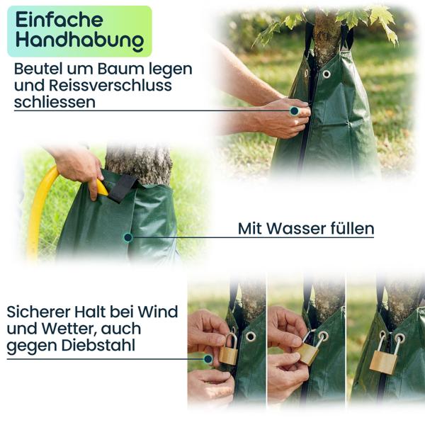 4er-Set Baum-Bewässerungssack 75L Wassersack für Bäume - UV- & Wetterbeständiger PE Wasserbeutel mit Reissverschluss & 2 Ösen - 9h Tröpfchenbewässerung