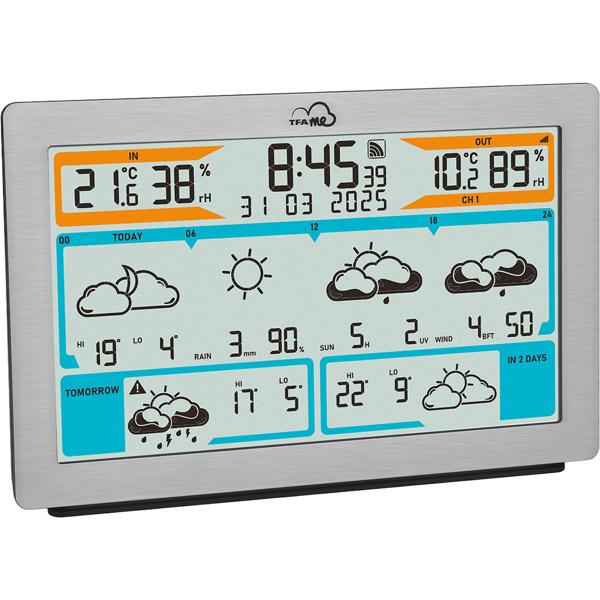 Station météo radio WLAN précise avec prévisions Wetter.com, thermomètre numérique, hygromètre, alertes – stable et précise, aspect métal
