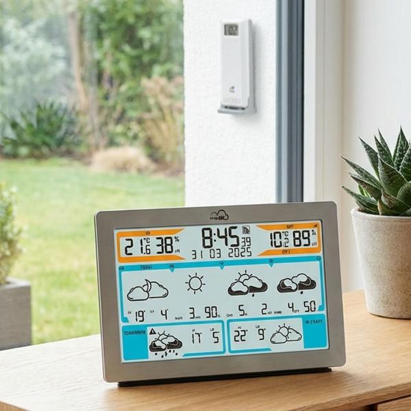 Station météo radio WLAN précise avec prévisions Wetter.com, thermomètre numérique, hygromètre, alertes – stable et précise, aspect métal