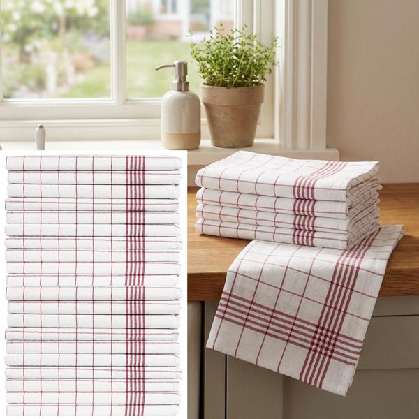 20er-Set Geschirrtücher aus 100% Baumwolle, 50x70 cm - Rot Kariert - Saugstarke Küchentücher für Haushalt & Gastro, Oeko-Tex, Premium Abtrockentücher