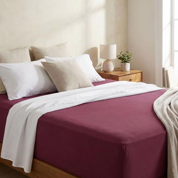Premium fitted sheet for box spring bed & water bed - bordeaux, 140-160x220 cm - 190 g/m2 cotton/elastane - 40 cm pocket height - Oeko-Tex - non-iron & soft
