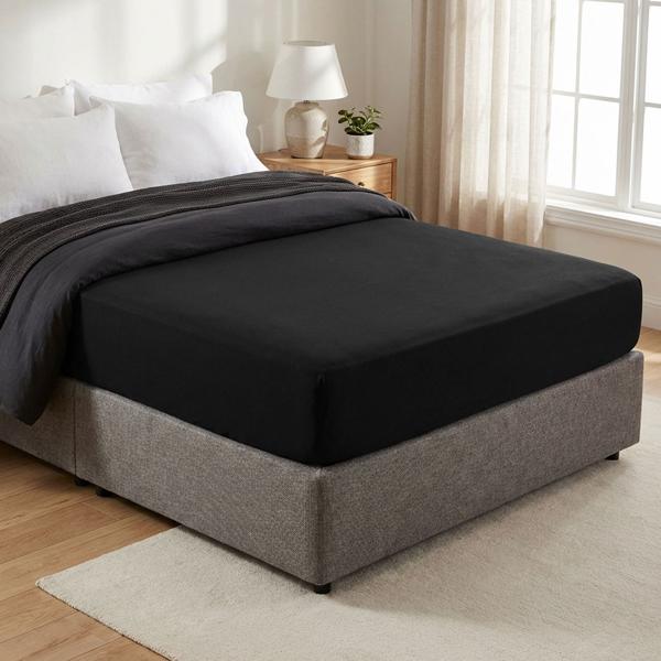 Premium fitted sheet for box-spring bed & waterbed - Black, 140-160x220 cm - 190 g/m2 cotton/elastane - 40 cm skirt height - Oeko-Tex - Non-iron & soft