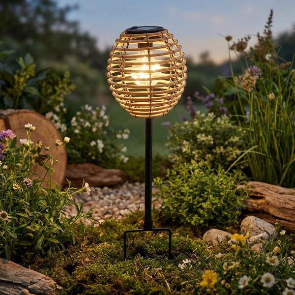 6er-Set Elegante Solar-Steckleuchte für Garten & Terrasse: Robuste LED Solarlampe mit Metallstab, Rattan-Optik für stimmungsvolle Wege