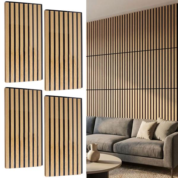 Set of 4 wall panels 60 x 30 cm in elegant wood look – acoustic wall cladding made of MDF & PET – sustainable FSC-certified design for modern interior styling