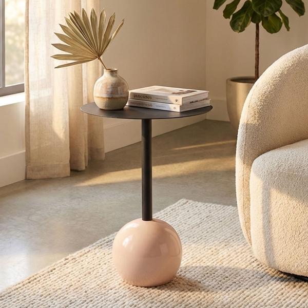 Table d’appoint design avec plateau rond, noir-beige – Pied colonne moderne avec sphère comme support – Table d’appoint décorative
