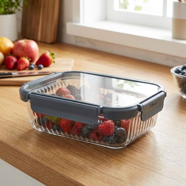 Borosilicate glass food storage container with 1480 ml – Elegant ribbed glass with secure plastic lid and 4-way clip closure for long-lasting freshness