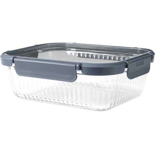 Borosilicate glass food storage container, 1040 ml – Elegant ribbed glass with secure plastic lid and 4-way clip closure for long-lasting freshness