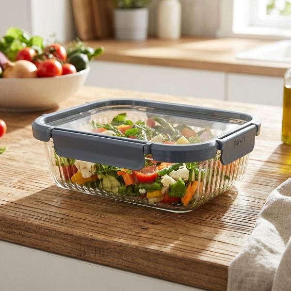 Borosilicate glass food storage container, 1040 ml – Elegant ribbed glass with secure plastic lid and 4-way clip closure for long-lasting freshness