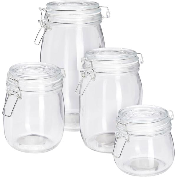 Storage jar set with metal clamp fastener – 4 jars (500 ml, 750 ml, 1000 ml, 1500 ml) with sealing ring – Elegant storage for your supplies