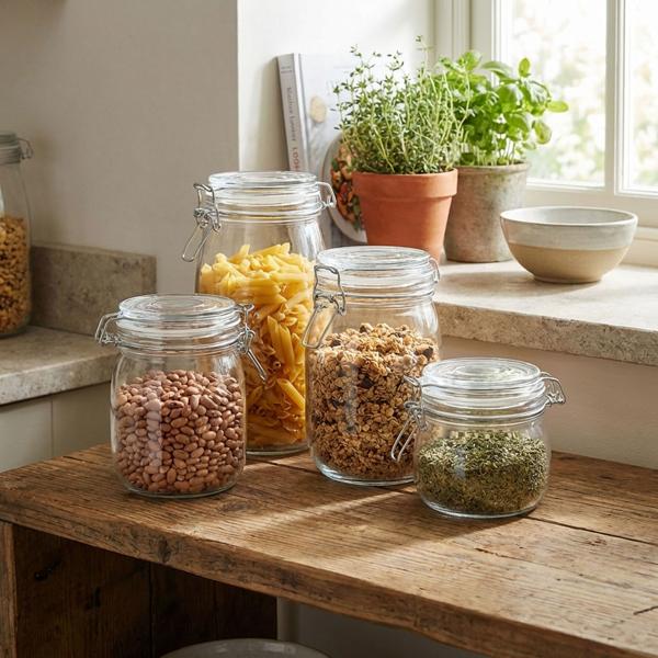Storage jar set with metal clamp fastener – 4 jars (500 ml, 750 ml, 1000 ml, 1500 ml) with sealing ring – Elegant storage for your supplies