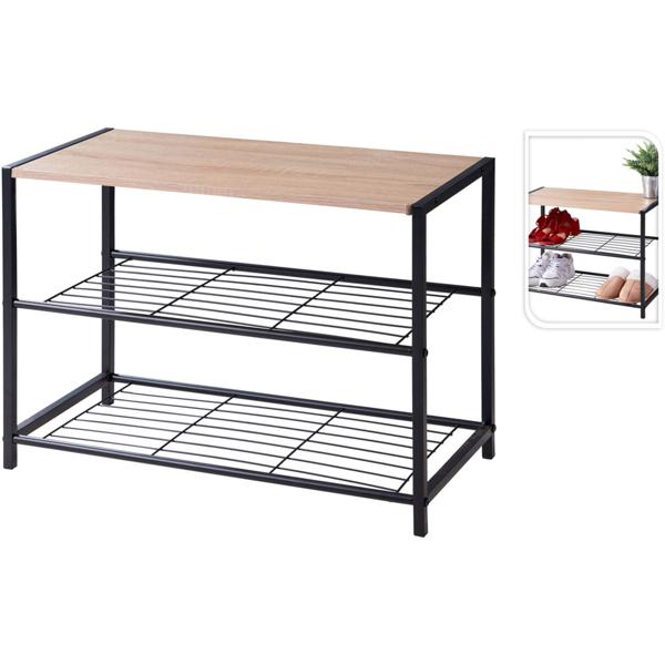 Étagère à chaussures en métal avec 2 niveaux en grille et plateau décor bois – étagère à chaussures compacte 63 x 30 x 43 cm, organiseur stable pour couloir, entrée et vestiaire
