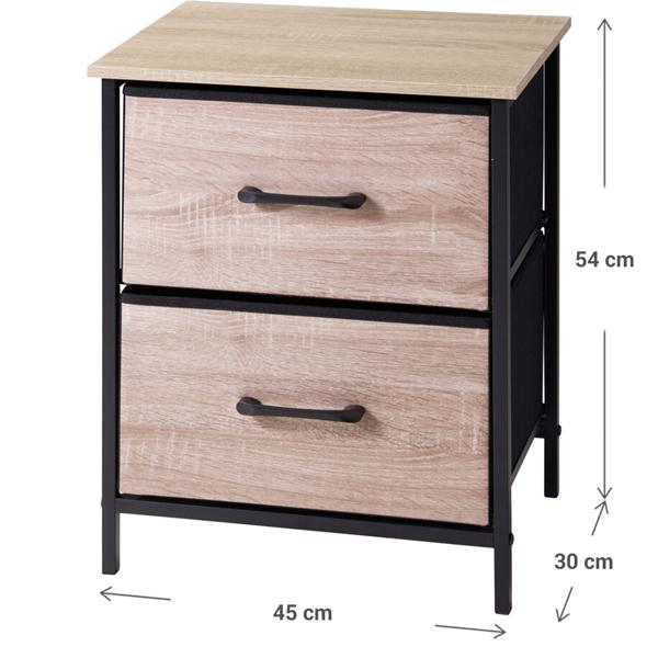 Stylish side cabinet with 2 drawers & metal frame: modern wood-effect bedside cabinet for bedroom & hallway, 45 x 30 x 54 cm