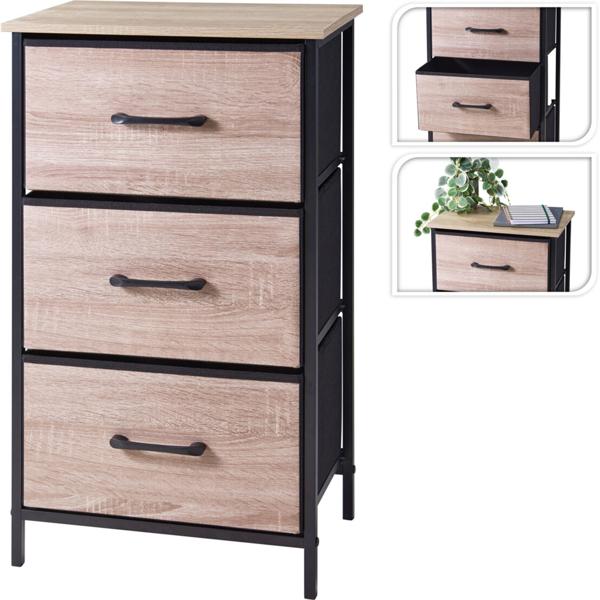 Elegante mobile d’appoggio con 3 cassetti e struttura in metallo: moderno comodino effetto legno per camera da letto e corridoio, 45 x 30 x 75 cm