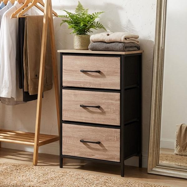 Elegante mobile d’appoggio con 3 cassetti e struttura in metallo: moderno comodino effetto legno per camera da letto e corridoio, 45 x 30 x 75 cm