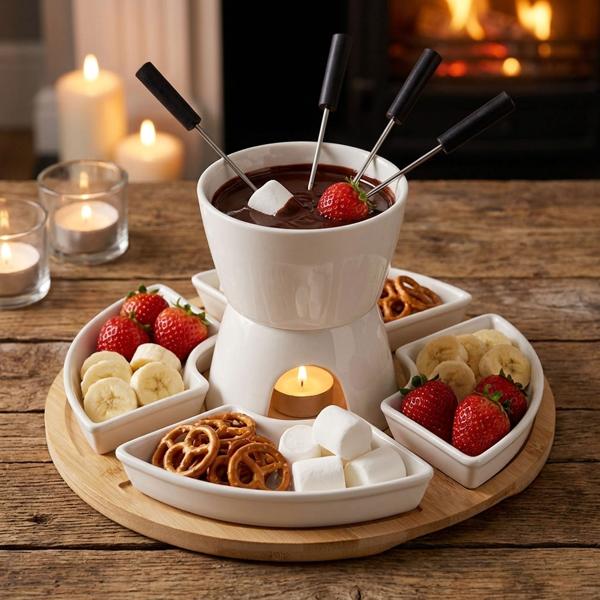 Élégant set de fondue au chocolat 11 pièces avec plateau en bambou, coupelles & fourchettes – Parfait pour dessert, fête, rendez-vous & doux plaisir chocolaté