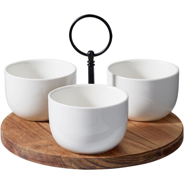 Set da servizio di alta qualità a 4 pezzi in legno di acacia e porcellana – Elegante tagliere da portata con maniglia e ciotole per finger food, snack, salse, tapas e feste