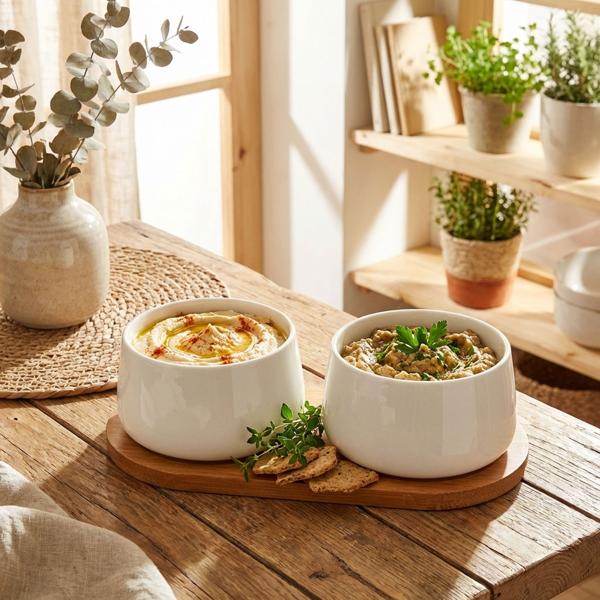 Elegant tapas bowl set with 2 white porcelain bowls of 200 ml each on a natural bamboo tray, perfect for serving snacks
