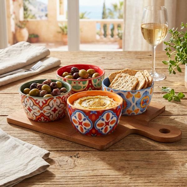 Elegante set da portata 5 pezzi in gres e bambù: 4 ciotole per salse colorate con vassoio per tapas, snack, finger food, feste e stuzzichini