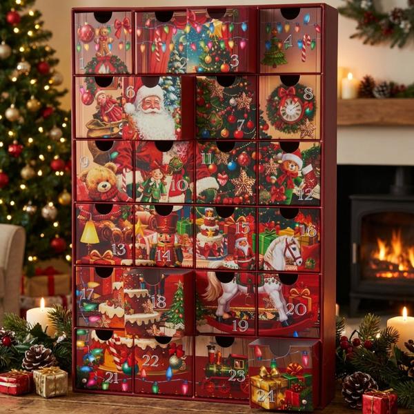 Superbe calendrier de l’Avent avec motif Père Noël – calendrier de Noël de haute qualité à remplir & décoration pour Noël, 25,7x6,4x38,3 cm