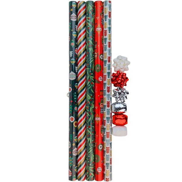 Wrapping paper set: kraft paper, 5 rolls 70 x 200 cm with gift ribbon & bows – premium wrapping set for Christmas gifts