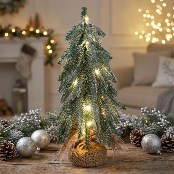 Mini sapin de Noël artificiel à LED avec socle en bois 27 cm: joli petit sapin pailleté pour déco de table festive et décoration d’hiver