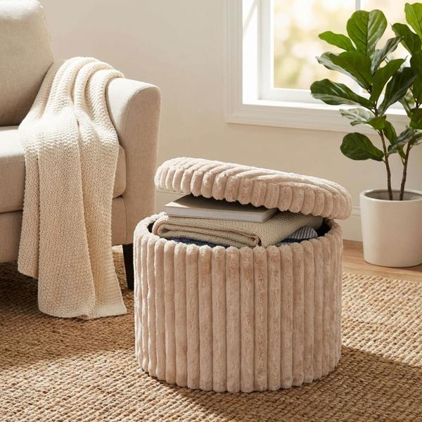 Pouf rond chic 43 x 32.5 cm beige avec espace de rangement pratique et couvercle – tabouret élégant et repose-pieds confortable pour le salon
