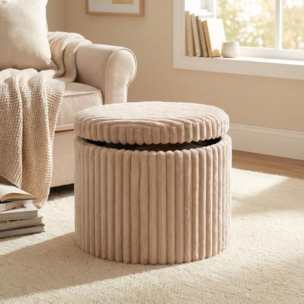 Tabouret rond chic 52 x 38,5 cm beige avec espace de rangement pratique et couvercle – pouf élégant et repose-pieds confortable pour le salon