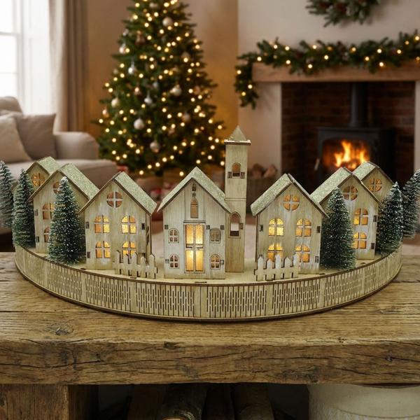 Superbe décoration de Noël LED 47 cm : village d’hiver lumineux en bois, scène de maisons LED parfaite pour rebord de fenêtre et décoration de table