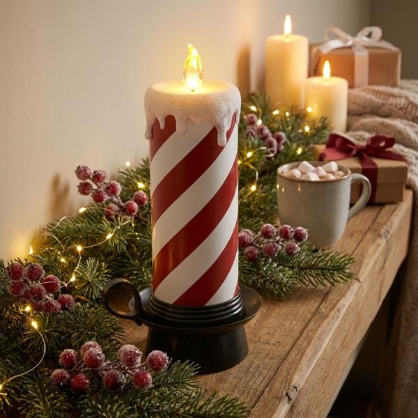 Bougie LED festive canne en sucre rouge et blanc 29,5 cm – Charmante bougie décorative de Noël avec effet vacillant blanc chaud pour des journées pleines d’ambiance