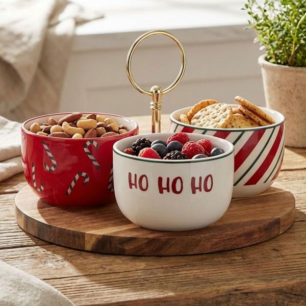 Elegant 4‑piece serving set made of acacia wood & stoneware for tapas, dips & snacks – stylish wooden serving tray with 3 bowls for sophisticated finger food