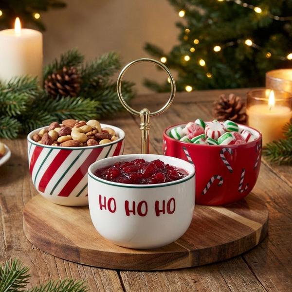 Elegant 4‑piece serving set made of acacia wood & stoneware for tapas, dips & snacks – stylish wooden serving tray with 3 bowls for sophisticated finger food