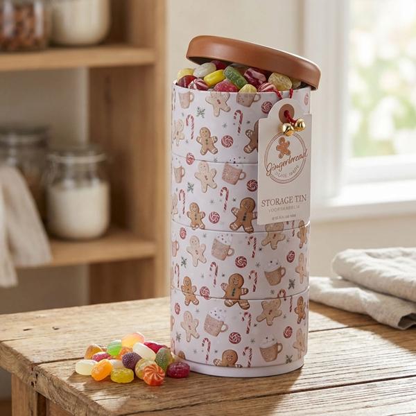 Cute metal gingerbread tin – practical 4‑tier storage tin for cookies, décor & more – stylish organiser & perfect gift