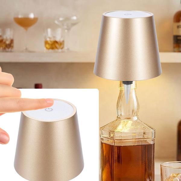 Élégante lampe-bouteille rechargeable or: dimmable – 3 couleurs de lumière: transforme les bouteilles en lumières d’ambiance – éclairage décoratif de bouteille avec abat-jour en métal