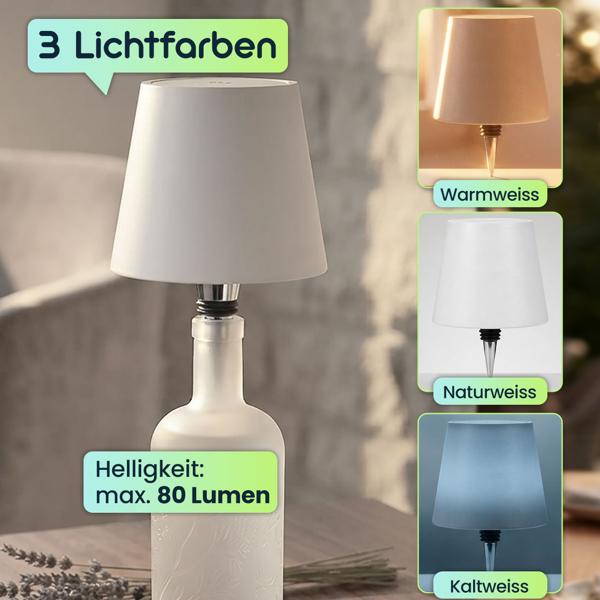 Edle Akku Flaschenlampe weiss: Dimmbar - 3 Lichtfarben: Verwandelt Flaschen in stimmungsvolle Leuchten - Dekoratives Flaschenlicht mit Metallschirm