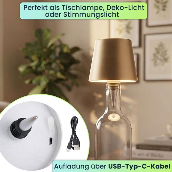 2er-Set Edle Akku Flaschenlampe gold: Dimmbar - 3 Lichtfarben: Verwandelt Flaschen in stimmungsvolle Leuchten - Flaschenlicht mit Metallschirm