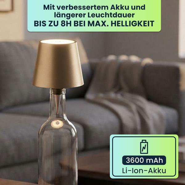 2er-Set Edle Akku Flaschenlampe gold: Dimmbar - 3 Lichtfarben: Verwandelt Flaschen in stimmungsvolle Leuchten - Flaschenlicht mit Metallschirm