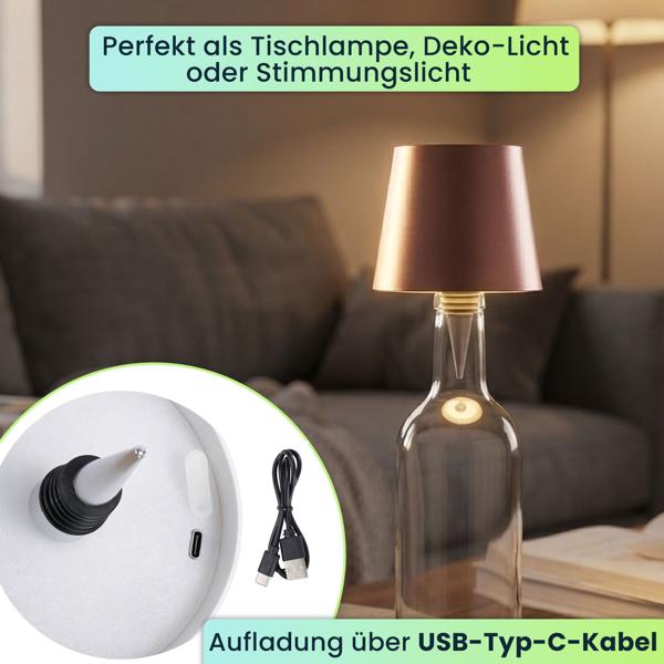 2er-Set Edle Akku Flaschenlampe rosegold: Dimmbar - 3 Lichtfarben: Verwandelt Flaschen in stimmungsvolle Leuchten - Flaschenlicht mit Metallschirm