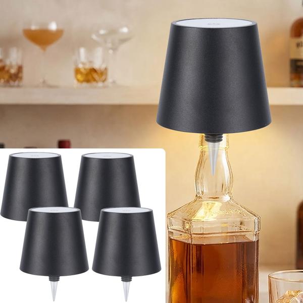 Lot de 4 élégantes lampes-bouteilles à batterie noires: dimmables – 3 couleurs de lumière: transforme les bouteilles en luminaires d’ambiance – lumière pour bouteille avec abat-jour en métal