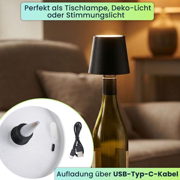 4er-Set Edle Akku Flaschenlampe schwarz: Dimmbar - 3 Lichtfarben: Verwandelt Flaschen in stimmungsvolle Leuchten - Flaschenlicht mit Metallschirm