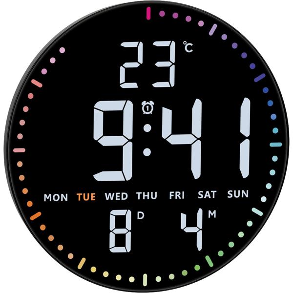 Modern LED wall & table clock, digital: all-round seconds display, 2 alarms, snooze, date, temperature, mains & battery operated – Ø25.5 cm, black