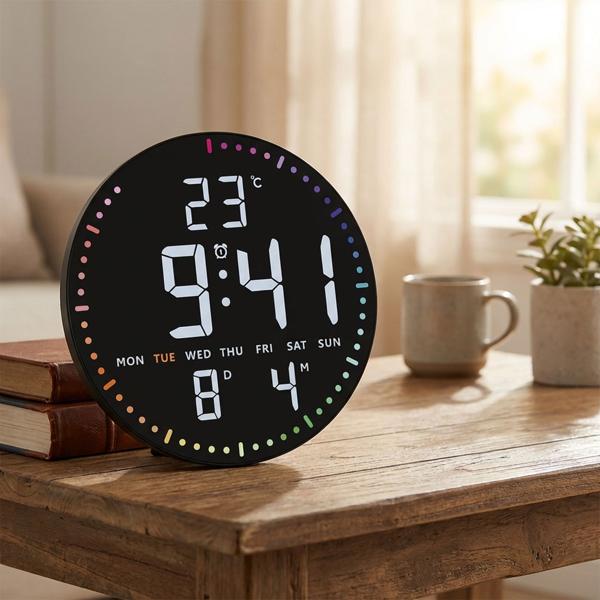Modern LED wall & table clock, digital: all-round seconds display, 2 alarms, snooze, date, temperature, mains & battery operated – Ø25.5 cm, black