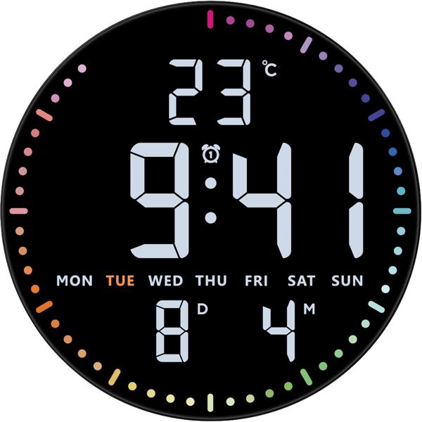 Modern LED wall & table clock, digital: all-round seconds display, 2 alarms, snooze, date, temperature, mains & battery operated – Ø25.5 cm, black
