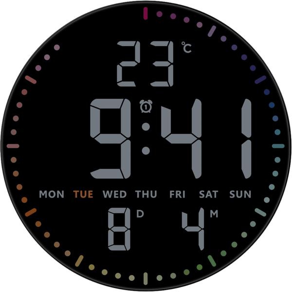 Modern LED wall & table clock, digital: all-round seconds display, 2 alarms, snooze, date, temperature, mains & battery operated – Ø25.5 cm, black